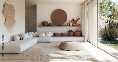 Salon bohème beige avec canapé blanc, tapis et paniers tressés sur une étagère. Aménagement intérieur minimaliste d'une pièce d'habitation moderne et épuré avec porte vitrée donnant sur jardin.
