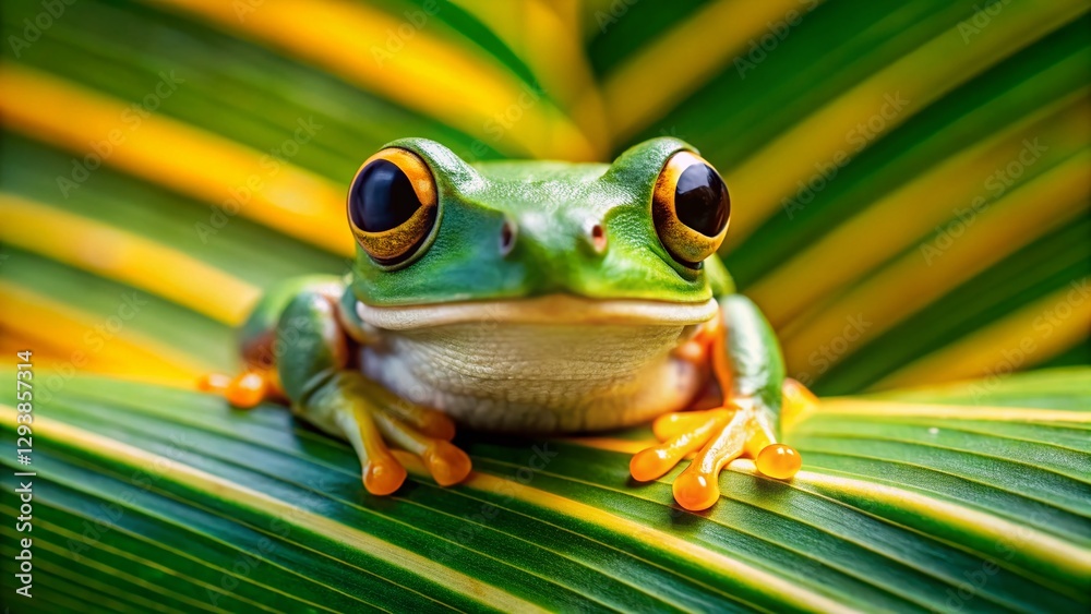 Adorable Frog Close-Up: Tilt-Shift Macro Photography of Amphibian on Striped Leaf Adorable Frog Close-Up: Tilt-Shift Macro Photography of Amphibian on Striped Leaf