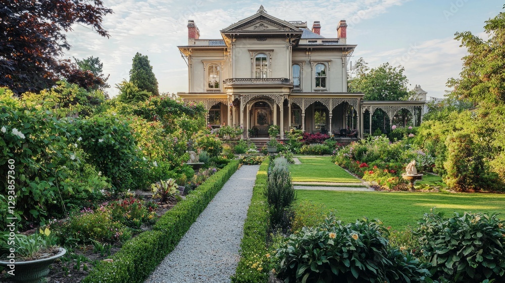 Elegant Victorian Mansion Surrounded by Blooming Flower Garden