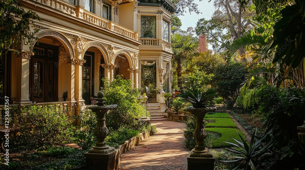 Fototapeta premium Elegant Victorian House Surrounded by Lush Gardens and Pathway