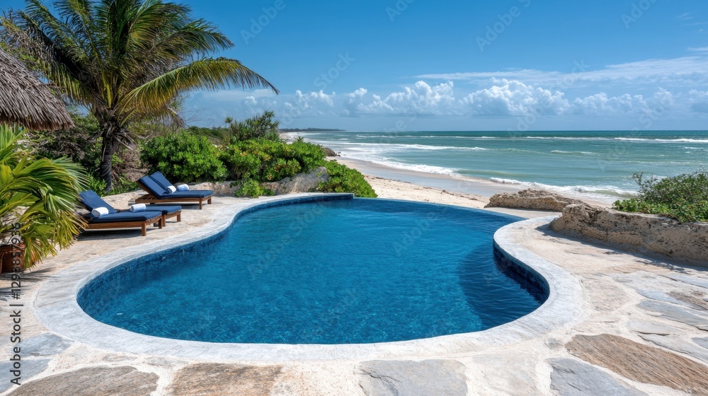 Serene coastal escape with turquoise pool palm trees and ocean view perfect for relaxation and vacation getaway under blue sky Serene coastal escape with turquoise pool palm trees and ocean view perfect for relaxation and vacation getaway under blue sky