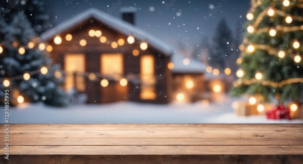 Snow Falling on Wooden Table with Glowing Lights Snow Falling on Wooden Table with Glowing Lights