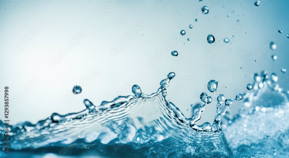 Water droplets splashing in a serene blue background, creating a calming effect Water droplets splashing in a serene blue background, creating a calming effect