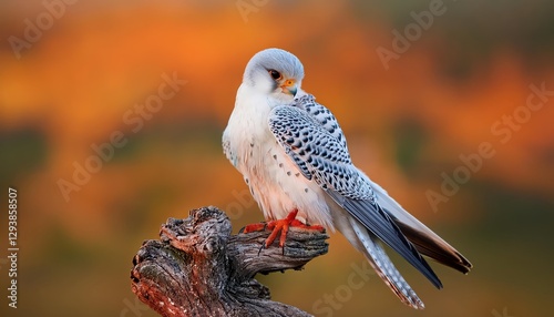 Redfooted Falcon Falco vespertinus Male Preening in Hortobagy National Park, Hungary Majestic Avian Beauty Perched Amidst a Serene Autumn Landscape photo