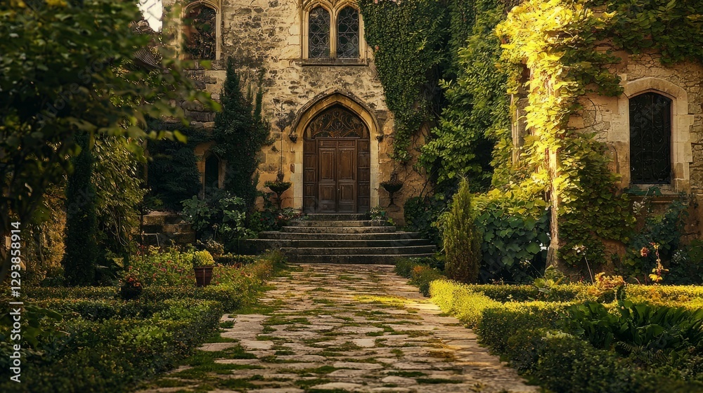 Naklejka premium Serene Pathway to Historic Stone Mansion Surrounded by Lush Greenery