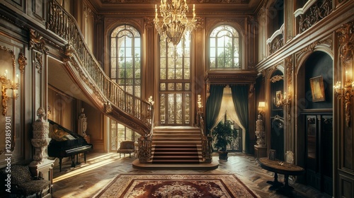 Elegant Grand Staircase in Lavish Victorian Mansion Interior