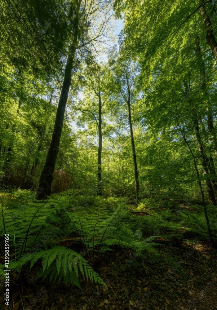 Fototapeta premium Lush green forest with tall trees and vibrant ferns under a clear sky