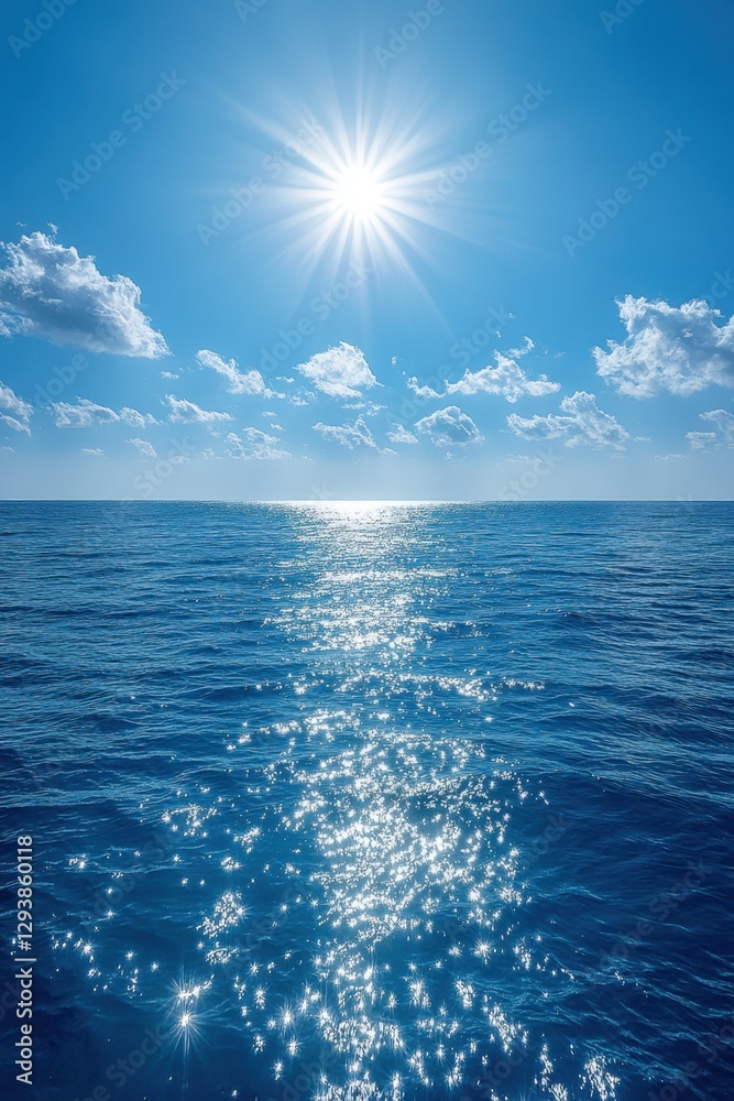 Serene ocean vista under bright sunlight sparkling on water surface with scattered clouds in azure sky