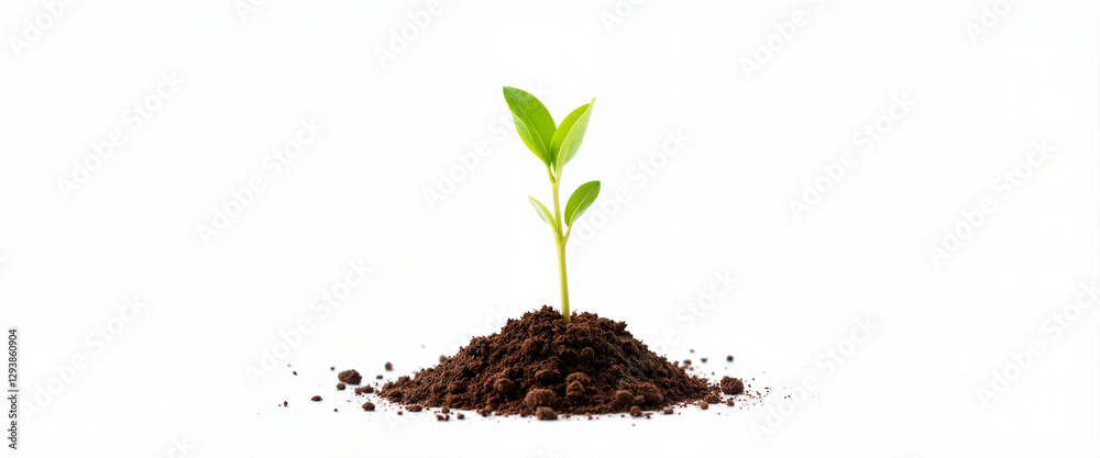Single seedling growing from soil on white background, new beginnings Single seedling growing from soil on white background, new beginnings