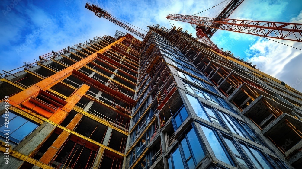 Fototapeta premium Lifting Heavy Steel Beam Into Place for Multi-Story Residential Building