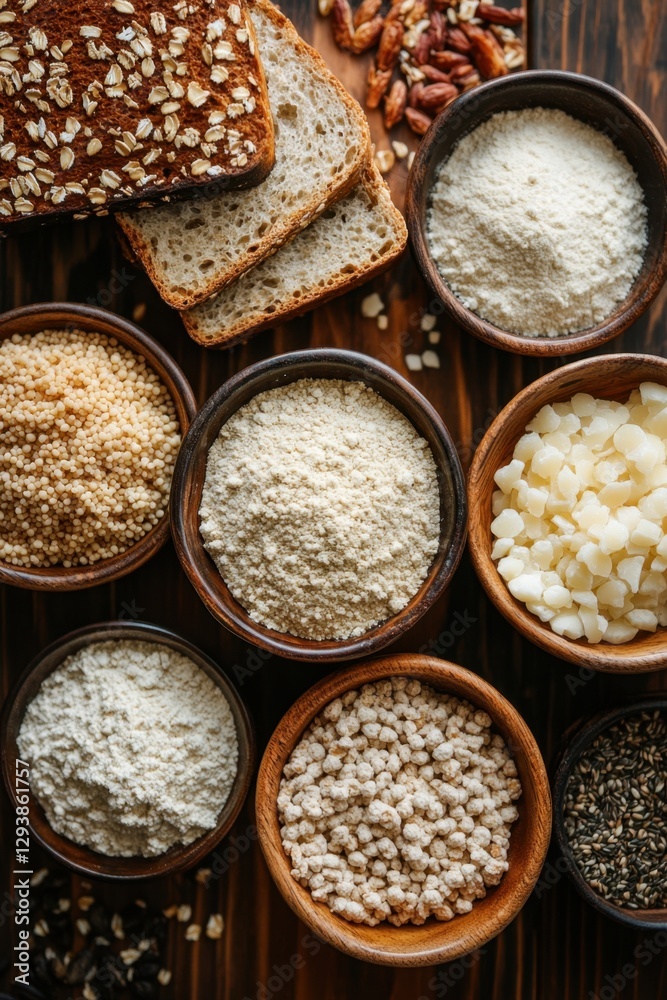 Rustic Still Life of Gluten Free Grains and Flours in Wooden Bowls on Dark Wood Tabletop from Above Rustic Still Life of Gluten Free Grains and Flours in Wooden Bowls on Dark Wood Tabletop from Above