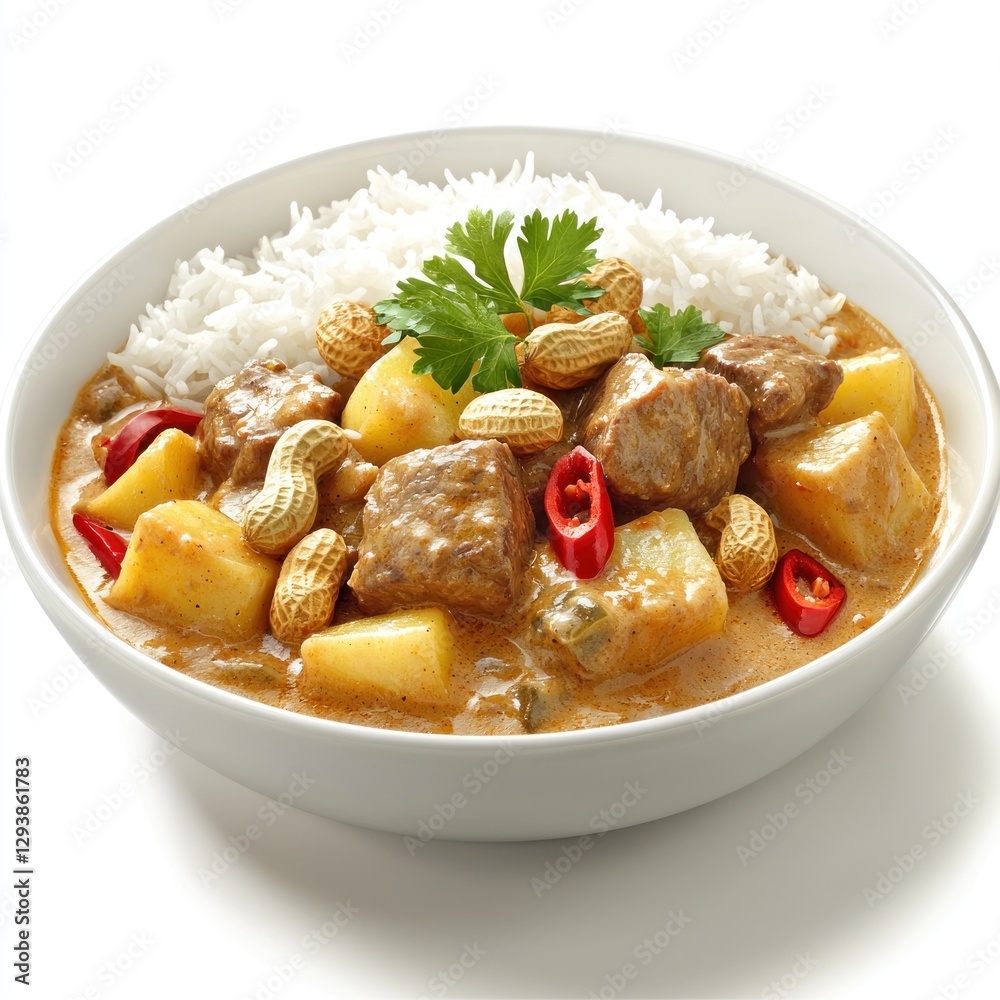 A serving of Thai massaman curry with beef, potatoes, and peanuts in a mildly spiced, aromatic coconut gravy, served with jasmine rice A serving of Thai massaman curry with beef, potatoes, and peanuts in a mildly spiced, aromatic coconut gravy, served with jasmine rice