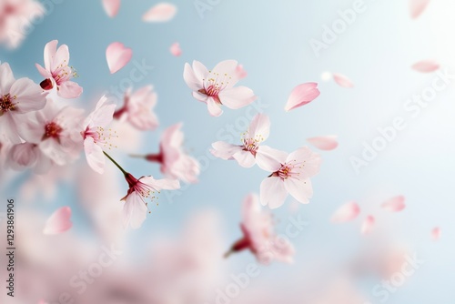 Drifting cherry blossom petals create a magical moment in a soft spring breeze with pastel hues blending into a dreamy landscape photo