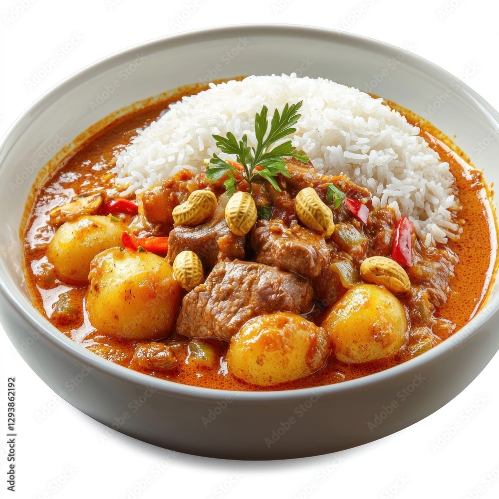 A serving of Thai massaman curry with beef, potatoes, and peanuts in a mildly spiced, aromatic coconut gravy, served with jasmine rice A serving of Thai massaman curry with beef, potatoes, and peanuts in a mildly spiced, aromatic coconut gravy, served with jasmine rice