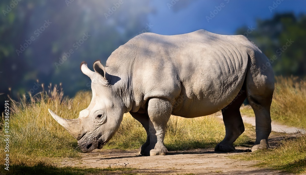 White Rhino at Sunrise Majestic Ceratotherium simum Basking in Golden Light, Showcasing Textured Horn and Powerful Presence amidst African Savannahs Warm Hues. White Rhino at Sunrise Majestic Ceratotherium simum Basking in Golden Light, Showcasing Textured Horn and Powerful Presence amidst African Savannahs Warm Hues.