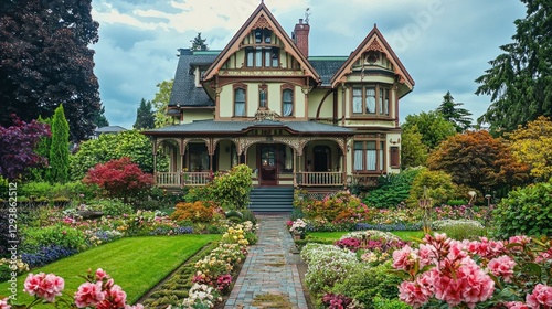 Charming Victorian House Surrounded by Colorful Flower Garden