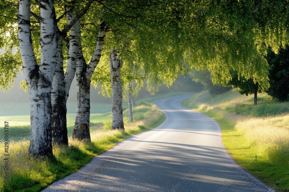 Cherry blossom magic unfolds along a serene countryside road as spring yields to summer's embrace Cherry blossom magic unfolds along a serene countryside road as spring yields to summer's embrace