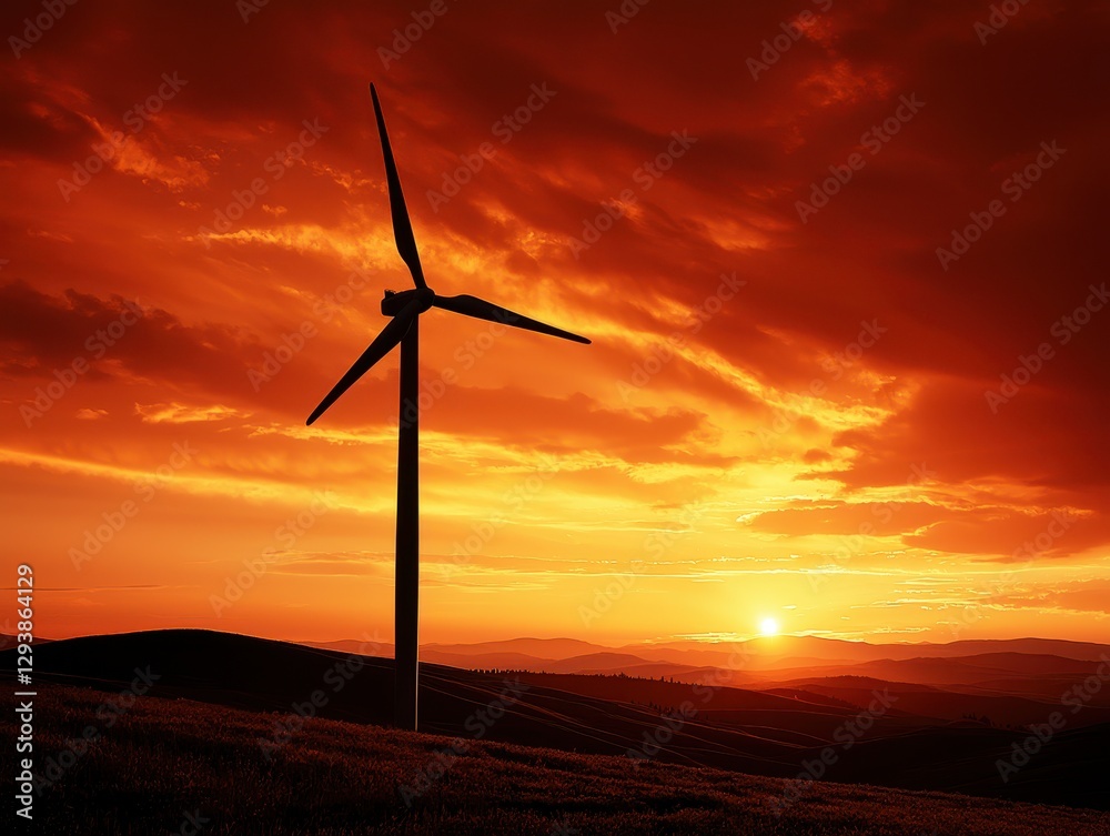 Obraz premium A majestic wind turbine, its blades reaching towards a fiery orange sky, stands as a testament to the power of the wind, a symbol of progress and the pursuit of sustainable energy solutions. 
