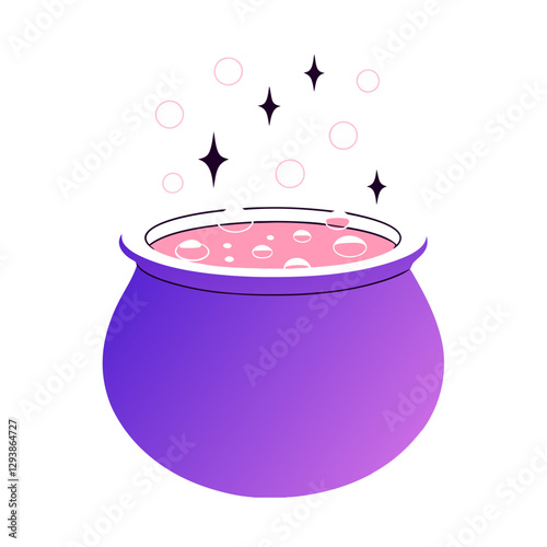 A magical purple witch cauldron vector illustration bubbling with potion, featuring a mystical glow, sparkling effects, and a charming Halloween-inspired fantasy style.