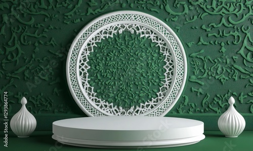 3D podium with Islamic-inspired background decoration, in green and white colors