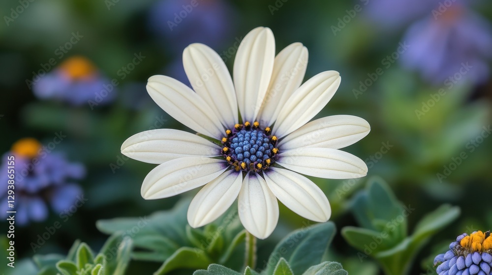 Serene osteospermum flower with white petals and blue center surrounded by lush green foliage in soft light Serene osteospermum flower with white petals and blue center surrounded by lush green foliage in soft light