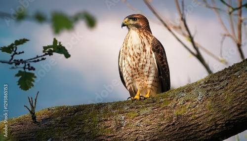 Majestic Redtailed Hawk Perched on a Barren Tree Branch Against a Blustery Winter Backdrop, Showcasing Bold Colors and Textures in a Serene yet Vigilant Scene. photo