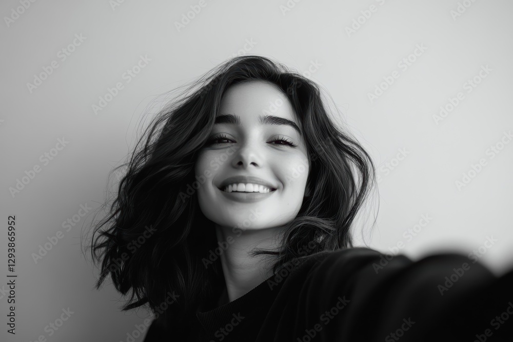 Happy woman taking a joyful selfie in a minimalist setting with bright smiles Happy woman taking a joyful selfie in a minimalist setting with bright smiles