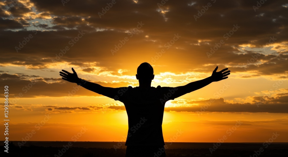 Hopeful Sunset Moment with Open Arms and Radiant Sky Hopeful Sunset Moment with Open Arms and Radiant Sky