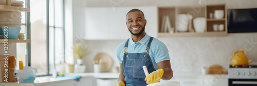 Young african american man maintaining a bright and clean home. Concept of the cleanliness, comfort, and daily routine. Banner with free space for text, copy space