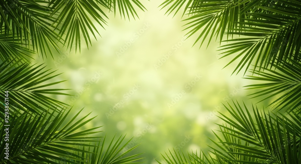 Exotic Summer Scene with Vibrant Palm Fronds and Soft Focus Exotic Summer Scene with Vibrant Palm Fronds and Soft Focus