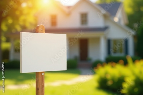 Blank sign post in front of a house, showcasing idyllic suburban living and the potential for a new home