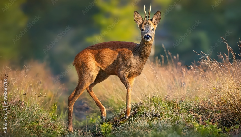 Roe Deer Alert Capreolus Capreolus Buck in High Vigilance with Elevated Leg at Sunset Roe Deer Alert Capreolus Capreolus Buck in High Vigilance with Elevated Leg at Sunset