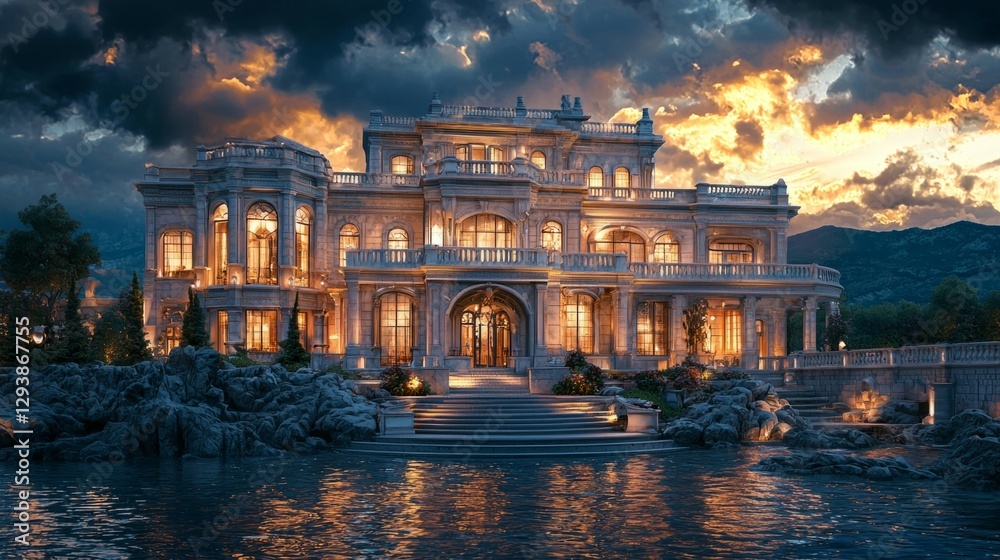 Fototapeta premium Luxurious Mansion by the Water Under Dramatic Sunset Sky