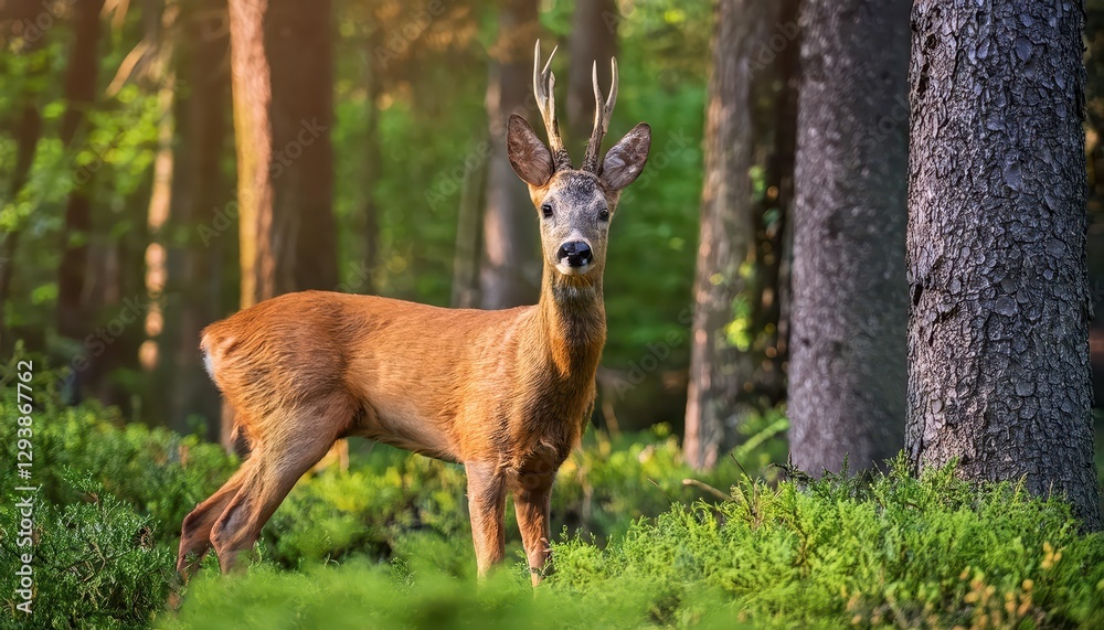 Roe Deer Amidst Mellow Green Woods Captivating Moment of Autumnal Solitude Showcases the Majesty of Capreolus Capreolus in the Forests Quiet Hush Roe Deer Amidst Mellow Green Woods Captivating Moment of Autumnal Solitude Showcases the Majesty of Capreolus Capreolus in the Forests Quiet Hush