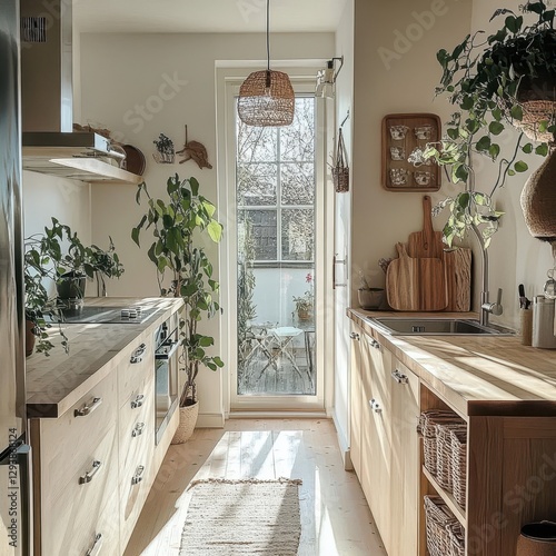 A modern kitchen interior featuring plants with natural lighting photo