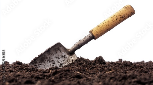 A close-up of a garden trowel resting in rich soil. This image captures the essence of gardening and nature. Perfect for garden enthusiasts. Generative AI