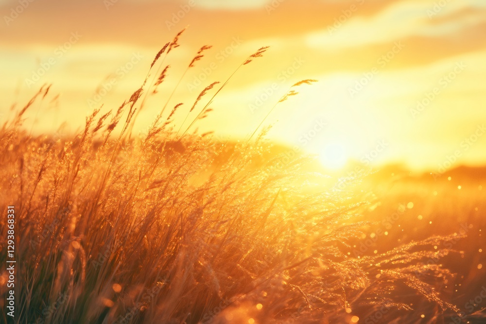 Golden sunset illuminating grass blades in a field