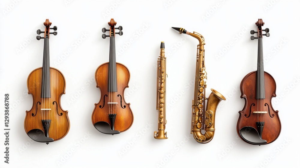 Naklejka premium A row of four vintage style miniature musical instruments, including a violin, saxophone, double bass, and snare drum, warm brass and polished wooden textures