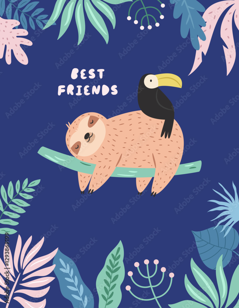 Fototapeta premium Vector illustration of cute sloth character in a rainforest. Perfect for prints. stickers, greeting cards