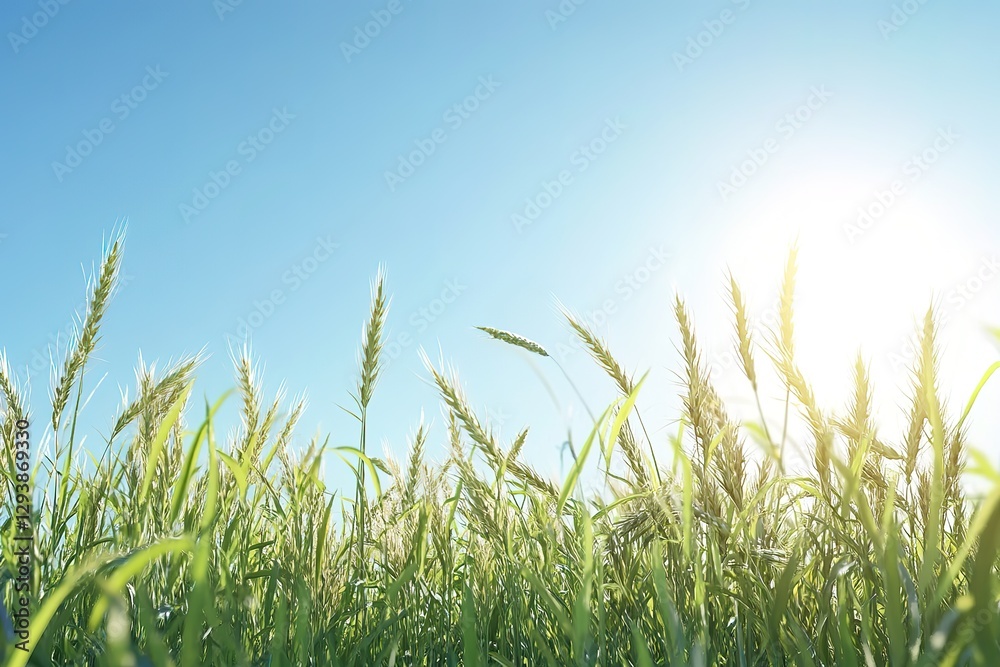 Fototapeta premium Golden Wheat Field Under a Vast, Azure Sky: A Photorealistic Close-Up of Nature's Abundance, Captivating Details of Ripe Wheat Stalks Swaying Gently in the Breeze, Evoking Serenity and the Beauty of
