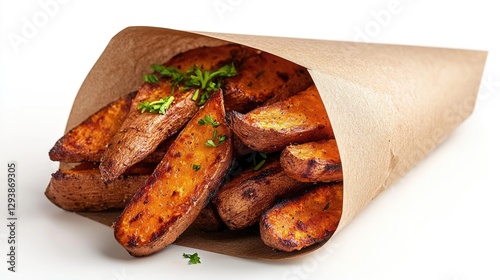 Crispy sweet potato fries kitchen food photography bright light close-up healthy snack concept photo