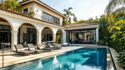 Luxury Villa with Pool Surrounded by Tropical Landscape and Palm Trees