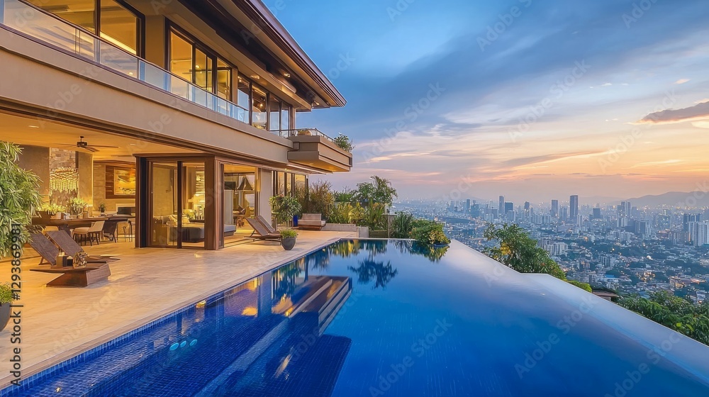 Obraz premium Luxurious Villa with Infinity Pool Overlooking Urban Skyline at Sunset
