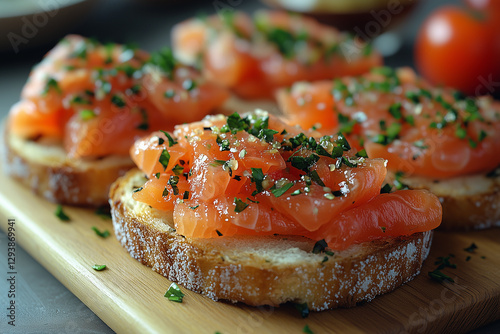 Fresh salmon bruschetta with herbs and spices. A gourmet seafood appetizer perfect for healthy eating and fine dining.
