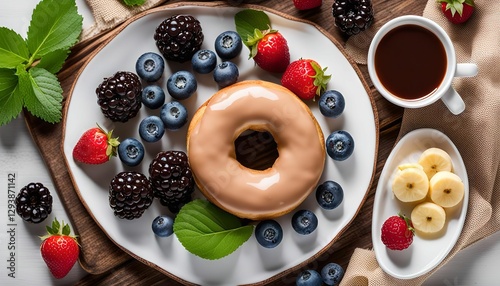 Donut with Berries, Coffee, and Banana