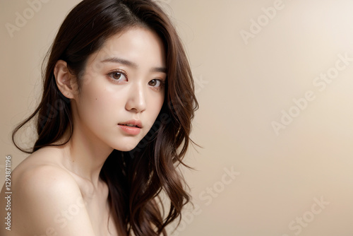 Headshot of Japanese woman with long, loosely curled hair, AI-generated