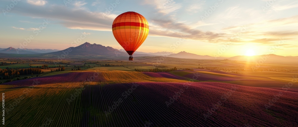 Obraz premium Hot air balloon soaring over a vibrant landscape at sunset.