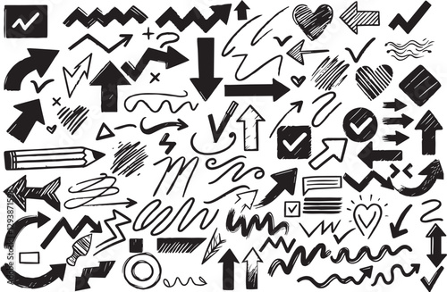 Chalk scribble doodle arrow, line elements set. Crayon arrow, underline, handwritten mark check. Rough hand drawn marker sketch with brush grunge texture. Vector illustration of kids pencil drawing.