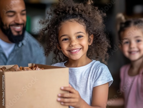 A family collecting non-perishable food for a Thanksgiving donation drive. 