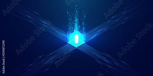 Abstract digital isometric core of semiconductor on dark blue technology background with circuit wires. AI chip concept. Tech bg. Light blue 3D futuristic quantum microchip. Vector illustration.